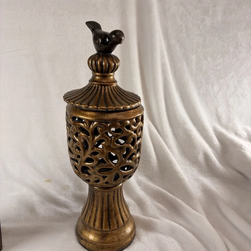 Vintage Style Hollywood Regency Lidded Urn/Jar Open work Chalice Bird Top Finial